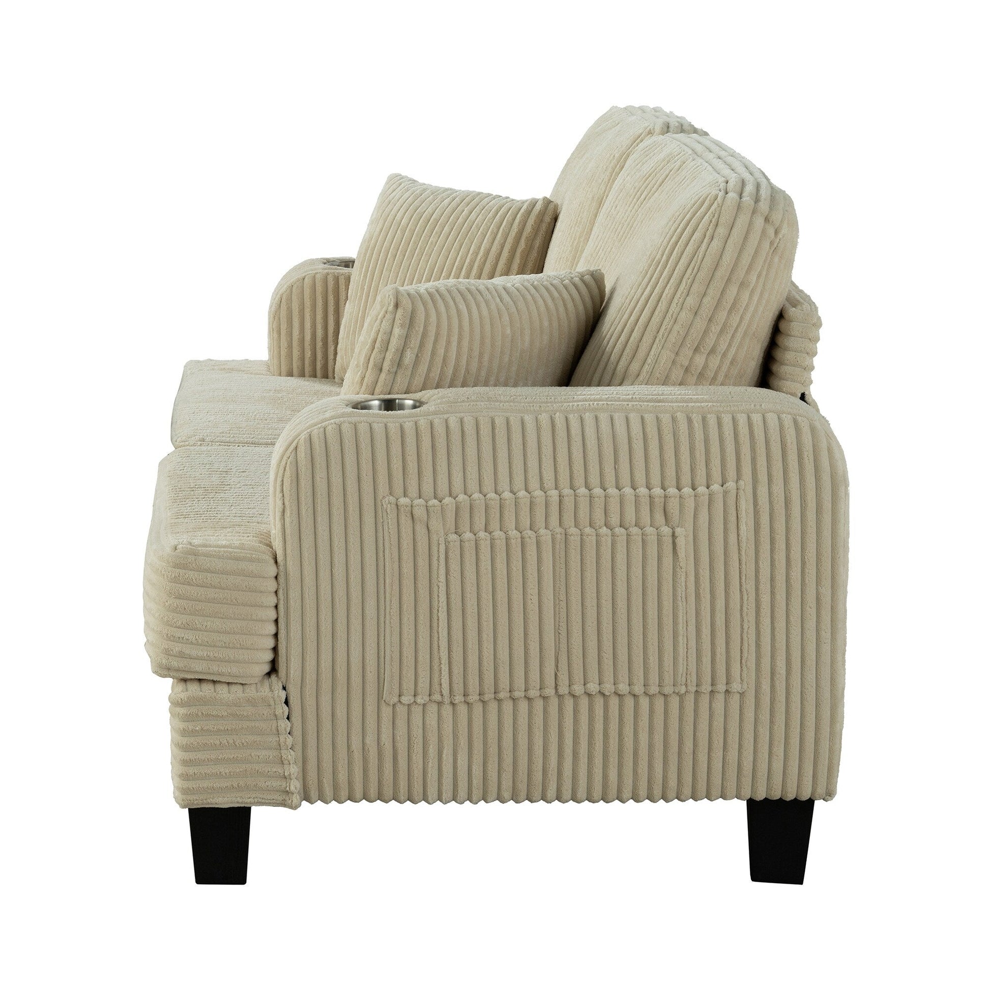 Canapé 2 places contemporain en velours côtelé avec 2 coussins et porte-gobelets (61 pouces)