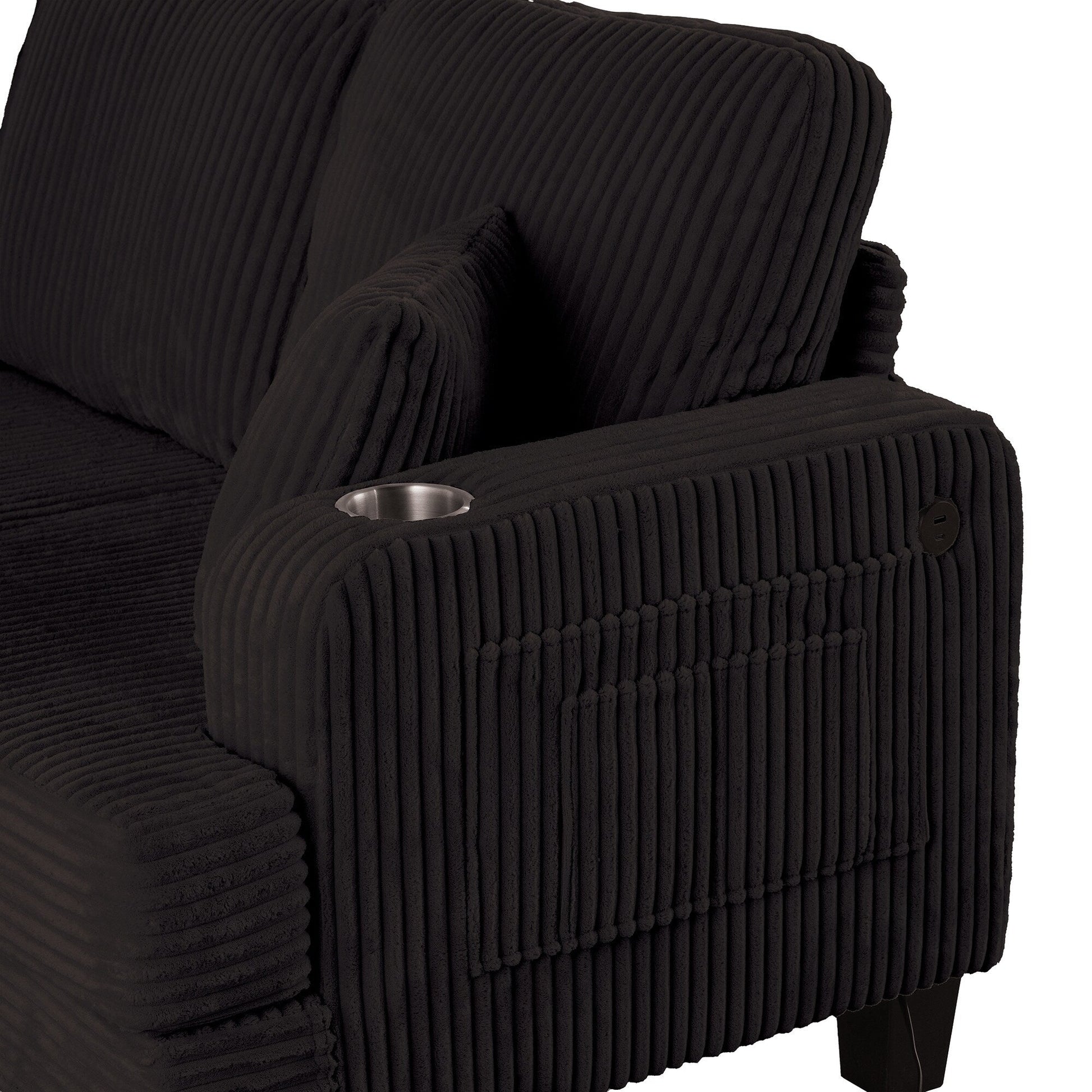 Canapé 2 places contemporain en velours côtelé avec 2 coussins et porte-gobelets (61 pouces)