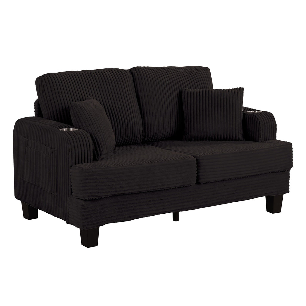 Canapé 2 places contemporain en velours côtelé avec 2 coussins et porte-gobelets (61 pouces)