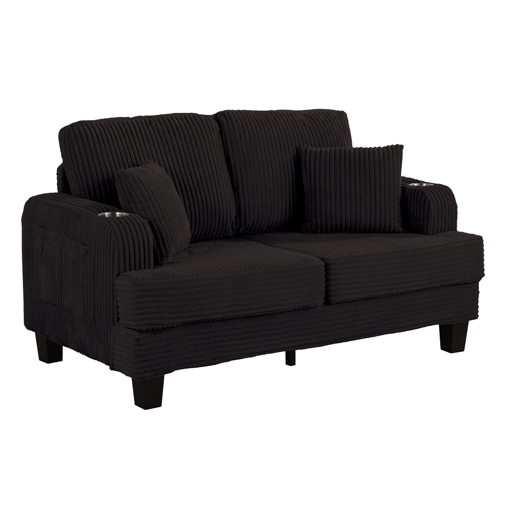 Canapé 2 places contemporain en velours côtelé avec 2 coussins et porte-gobelets (61 pouces)