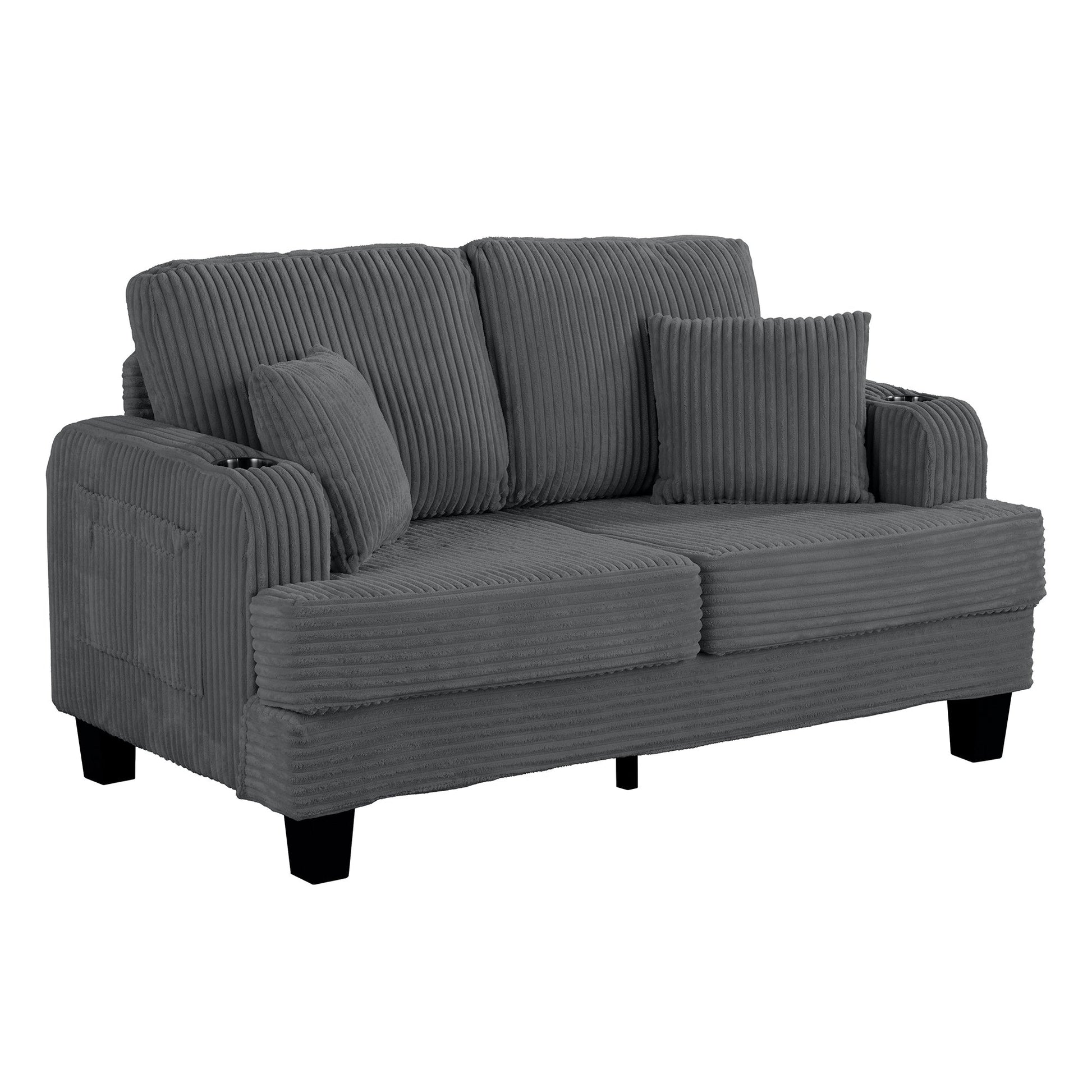 Canapé 2 places contemporain en velours côtelé avec 2 coussins et porte-gobelets (61 pouces)