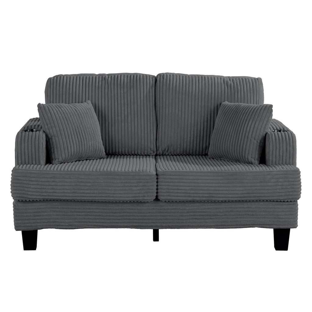 Canapé 2 places contemporain en velours côtelé avec 2 coussins et porte-gobelets (61 pouces)