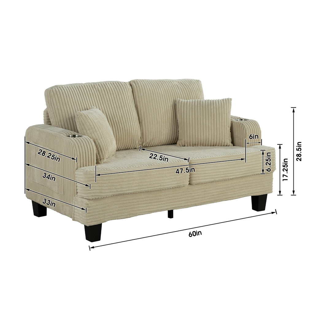 Canapé 2 places contemporain en velours côtelé avec 2 coussins et porte-gobelets (61 pouces)