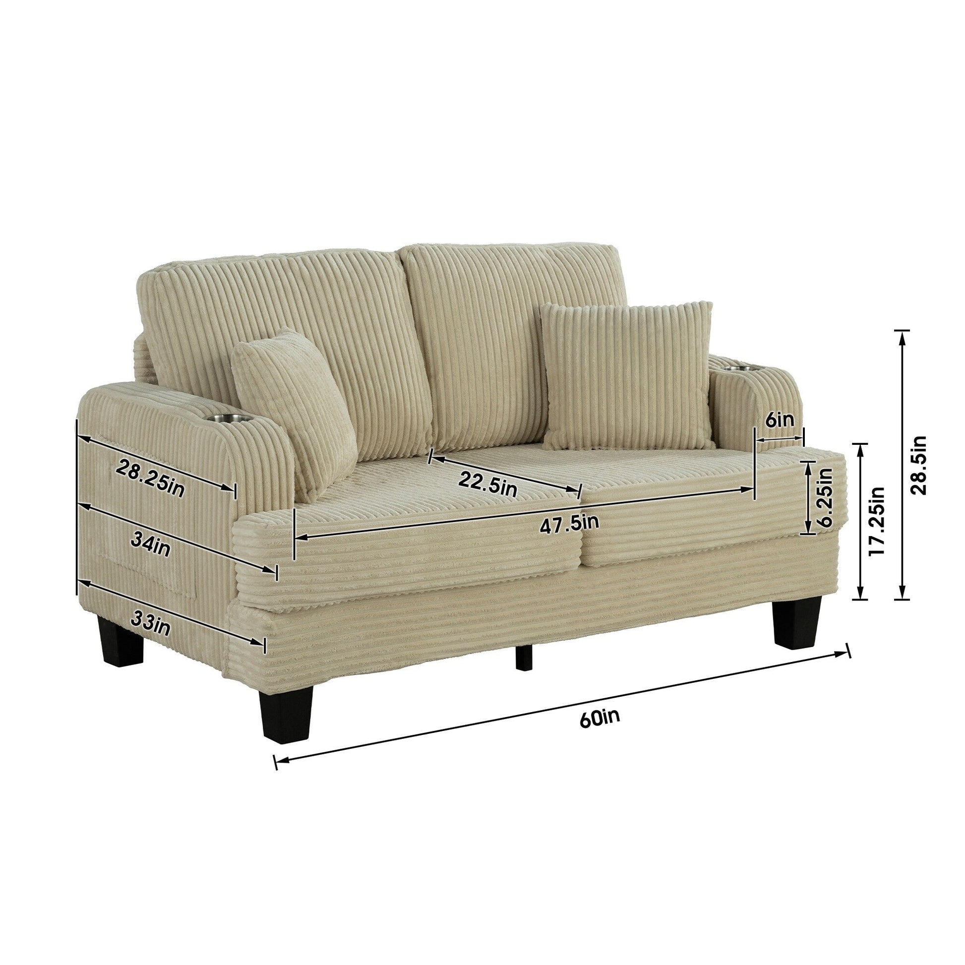 Canapé 2 places contemporain en velours côtelé avec 2 coussins et porte-gobelets (61 pouces)