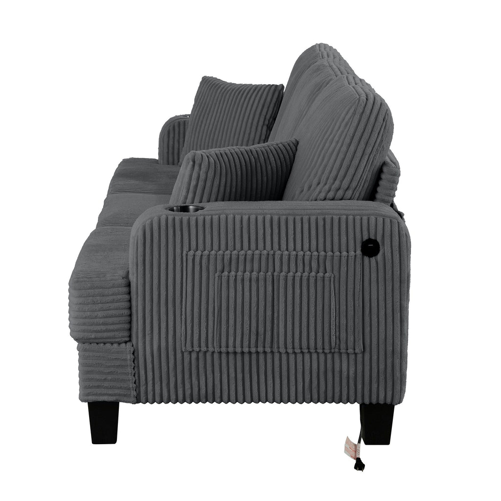 Canapé 2 places contemporain en velours côtelé avec 2 coussins et porte-gobelets (61 pouces)
