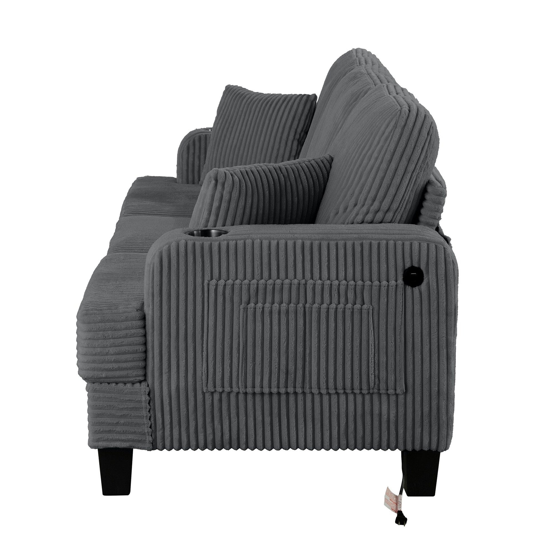 Canapé 2 places contemporain en velours côtelé avec 2 coussins et porte-gobelets (61 pouces)