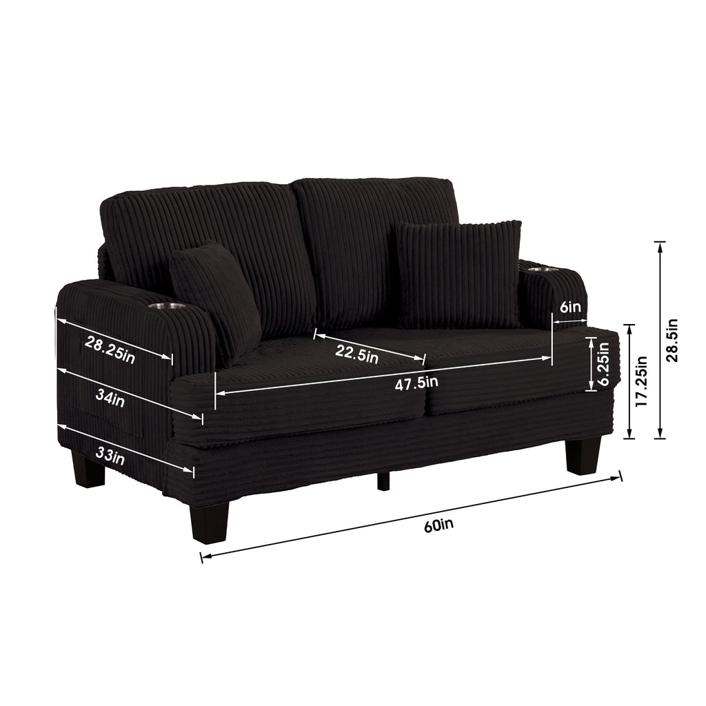 Canapé 2 places contemporain en velours côtelé avec 2 coussins et porte-gobelets (61 pouces)