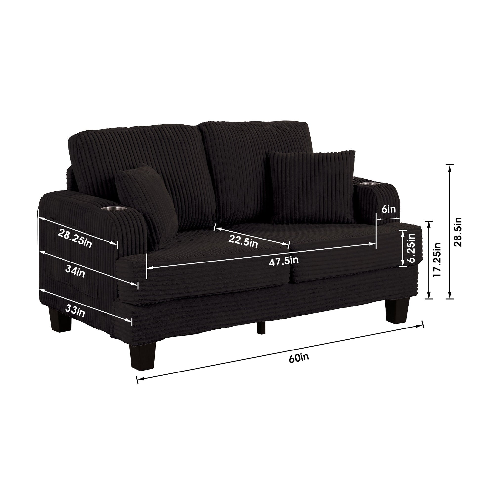 Canapé 2 places contemporain en velours côtelé avec 2 coussins et porte-gobelets (61 pouces)