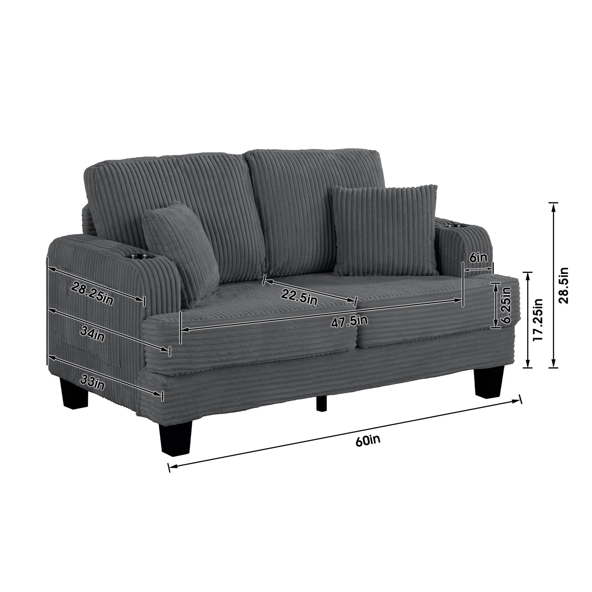 Canapé 2 places contemporain en velours côtelé avec 2 coussins et porte-gobelets (61 pouces)