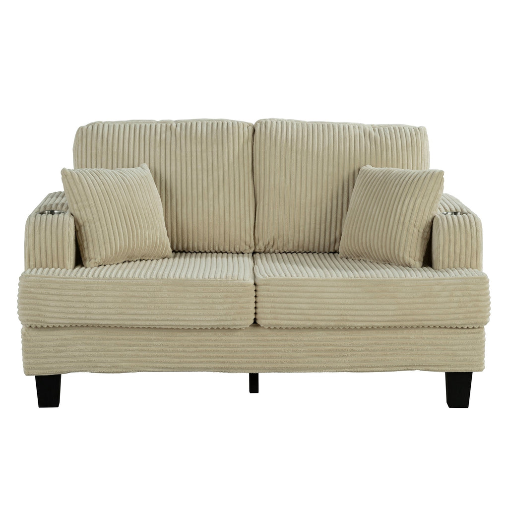 Canapé 2 places contemporain en velours côtelé avec 2 coussins et porte-gobelets (61 pouces)