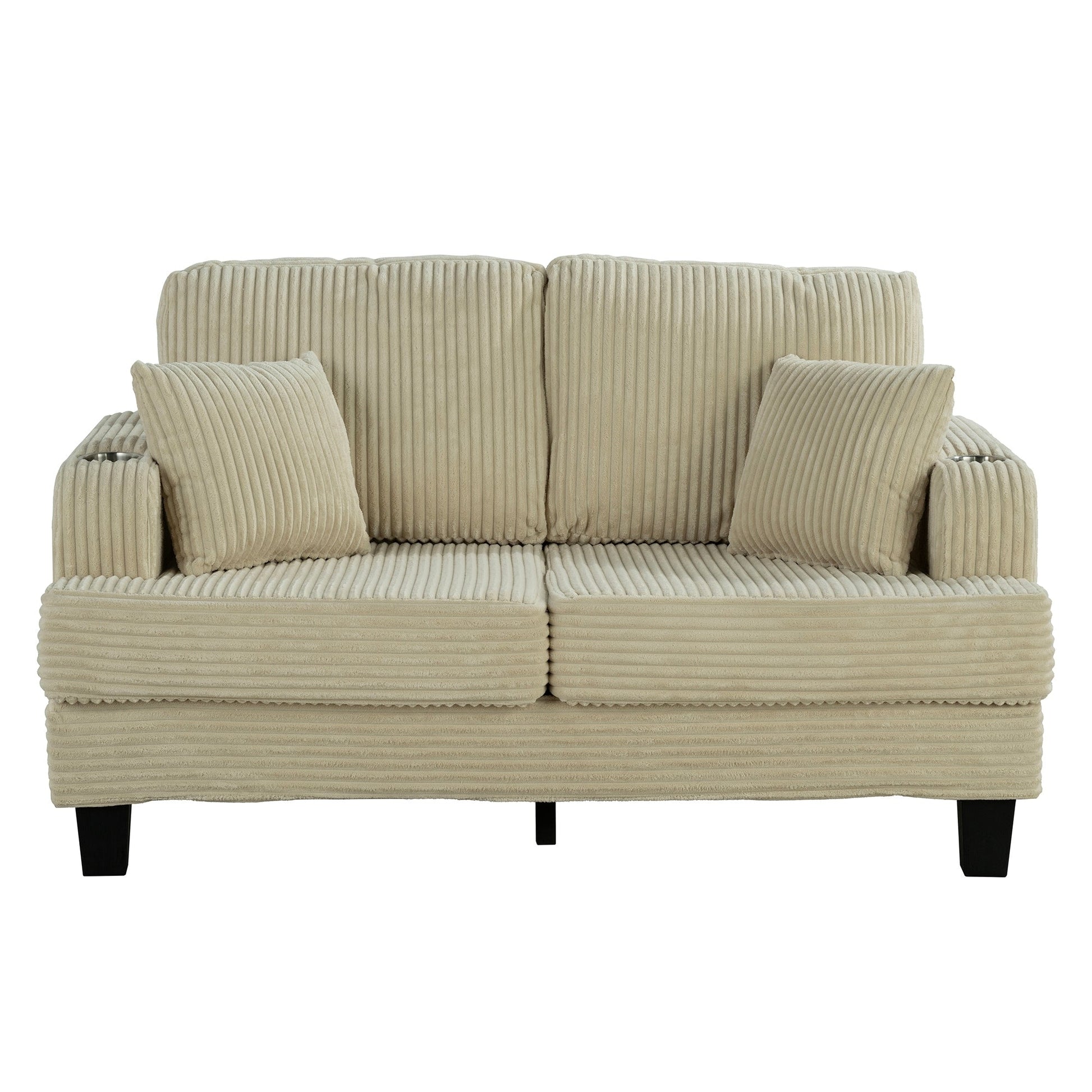 Canapé 2 places contemporain en velours côtelé avec 2 coussins et porte-gobelets (61 pouces)