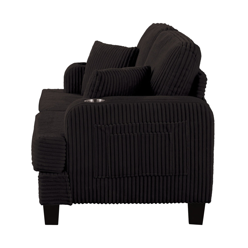 Canapé 2 places contemporain en velours côtelé avec 2 coussins et porte-gobelets (61 pouces)