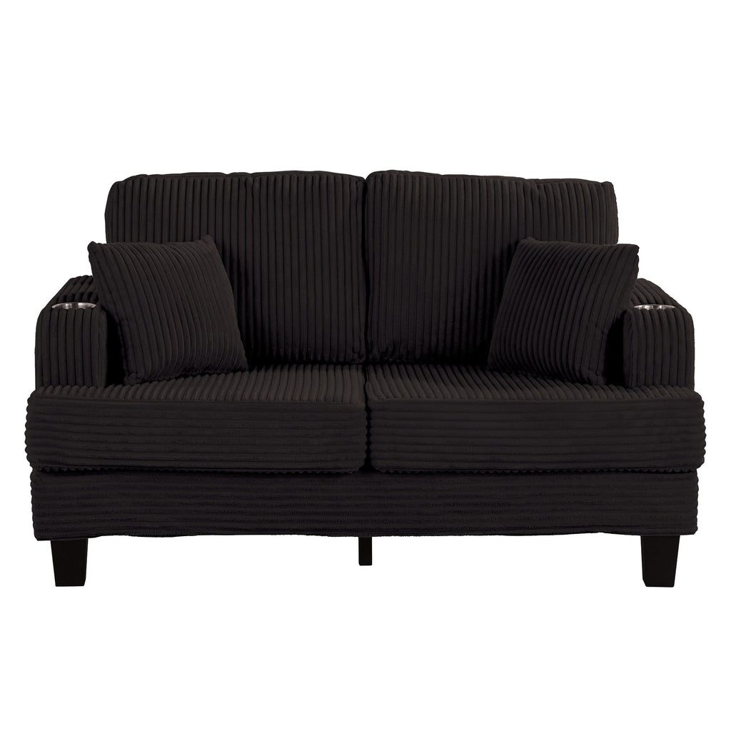 Canapé 2 places contemporain en velours côtelé avec 2 coussins et porte-gobelets (61 pouces)
