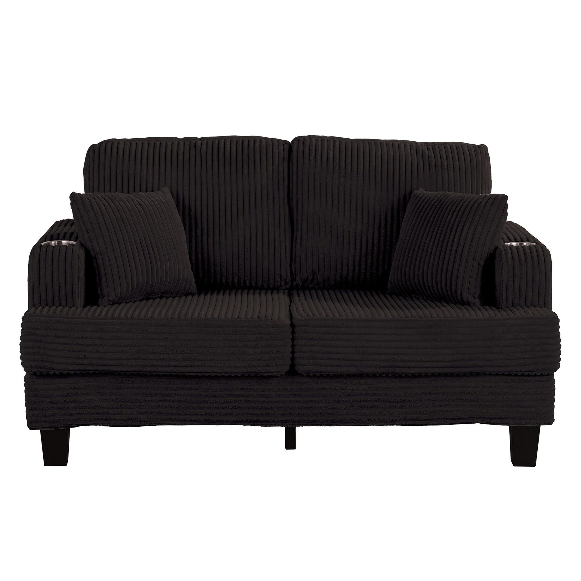 Canapé 2 places contemporain en velours côtelé avec 2 coussins et porte-gobelets (61 pouces)