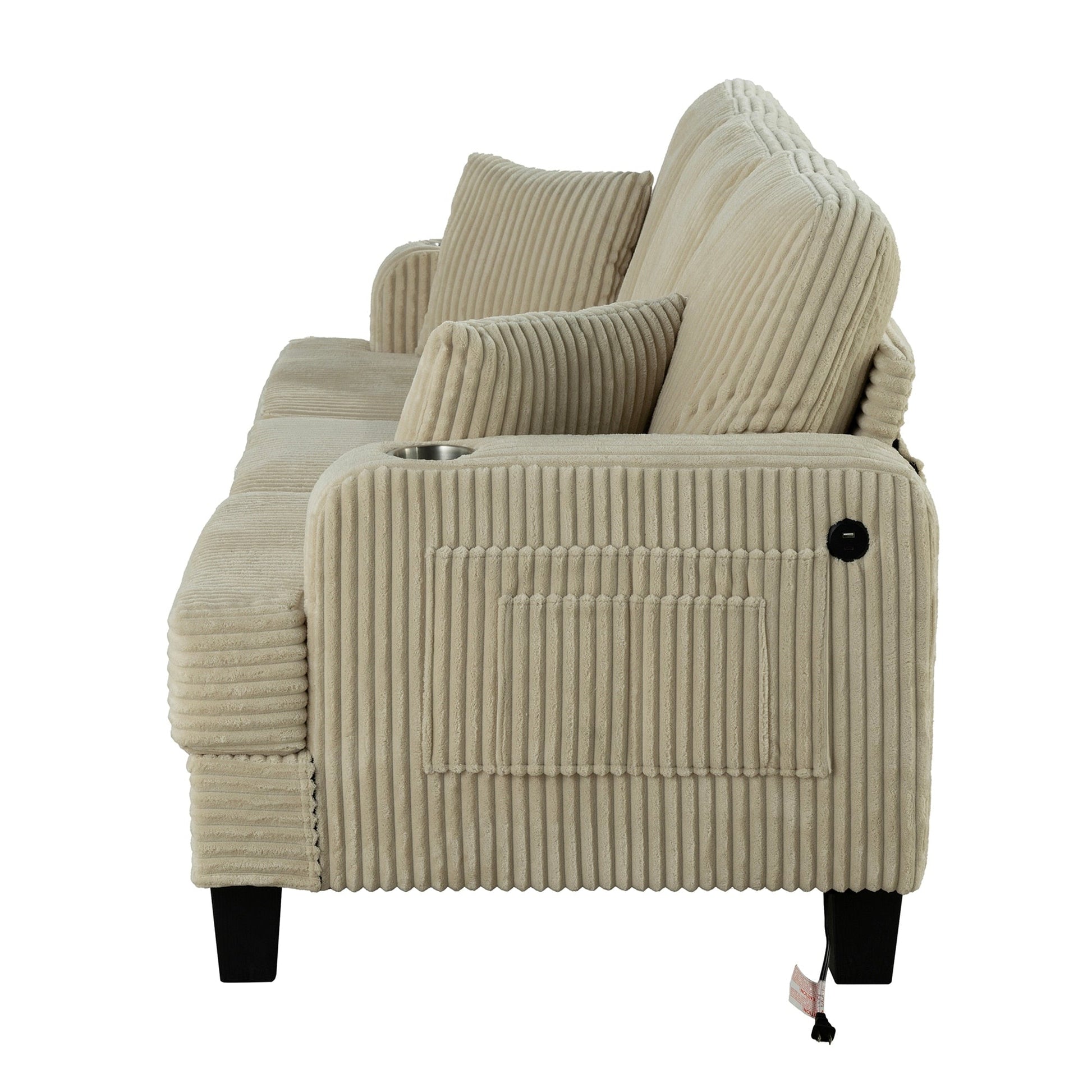 Canapé 2 places contemporain en velours côtelé avec 2 coussins et porte-gobelets (61 pouces)