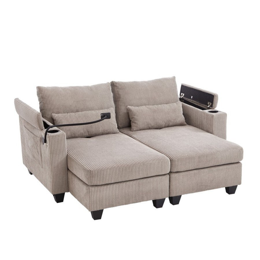 Canapé-lit convertible en velours côtelé de 63 pouces avec ports USB, deux porte-gobelets et un porte-téléphone pour le salon.