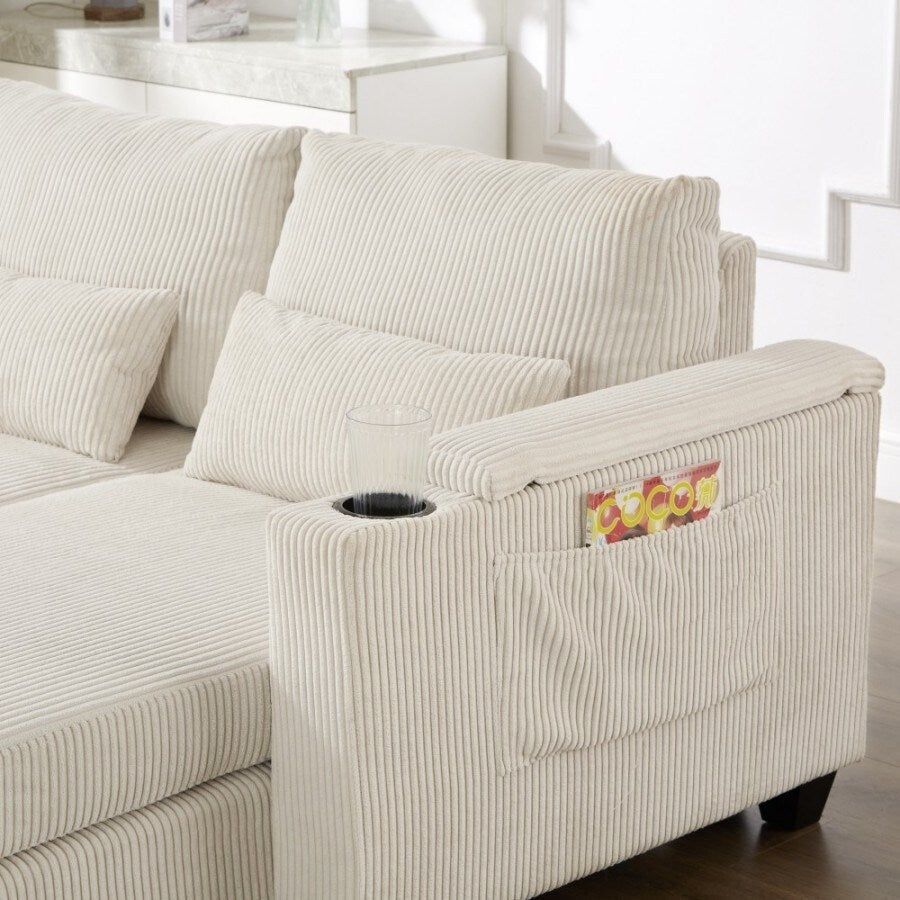 Canapé-lit convertible en velours côtelé de 63 pouces avec ports USB, deux porte-gobelets et un porte-téléphone pour le salon.