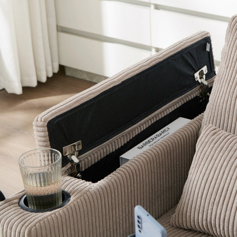 Canapé-lit convertible en velours côtelé de 63 pouces avec ports USB, deux porte-gobelets et un porte-téléphone pour le salon.