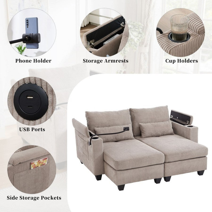 Canapé-lit convertible en velours côtelé de 63 pouces avec ports USB, deux porte-gobelets et un porte-téléphone pour le salon.
