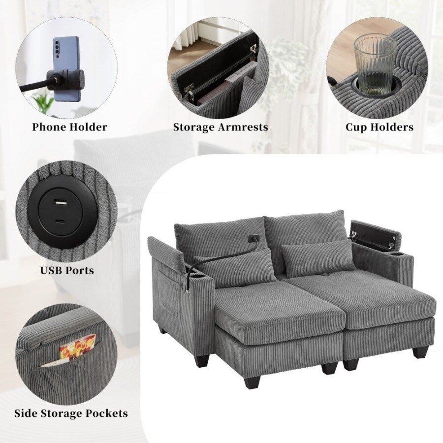 Canapé-lit convertible en velours côtelé de 63 pouces avec ports USB, deux porte-gobelets et un porte-téléphone pour le salon.