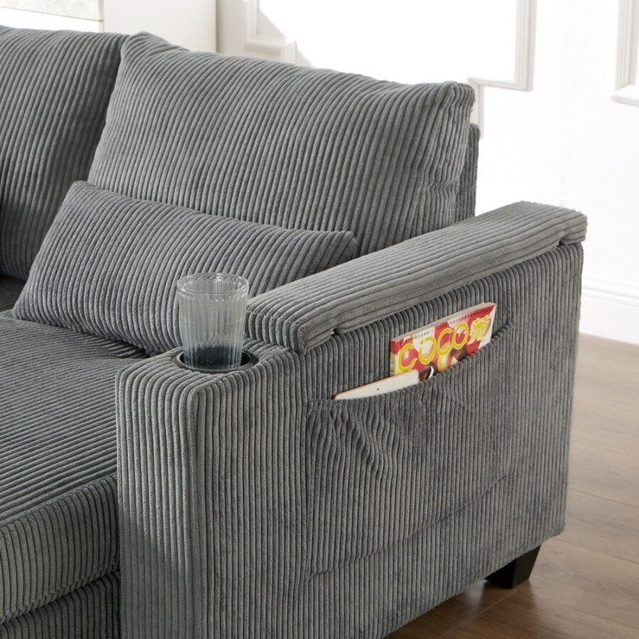 Canapé-lit convertible en velours côtelé de 63 pouces avec ports USB, deux porte-gobelets et un porte-téléphone pour le salon.
