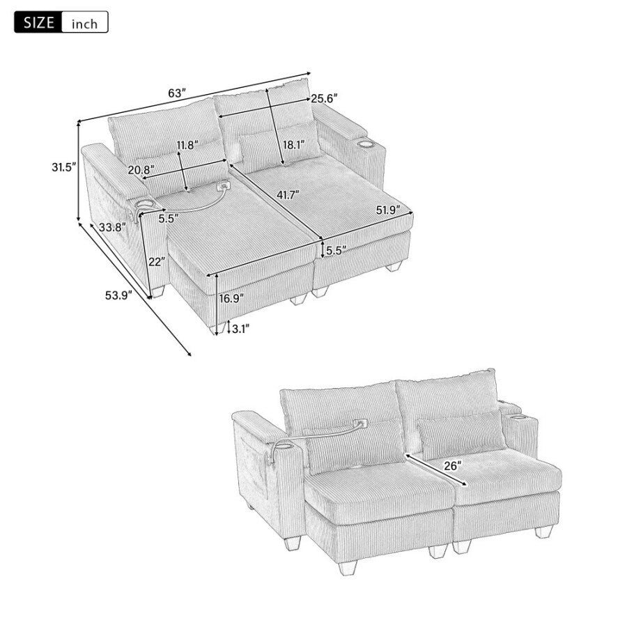 Canapé-lit convertible en velours côtelé de 63 pouces avec ports USB, deux porte-gobelets et un porte-téléphone pour le salon.