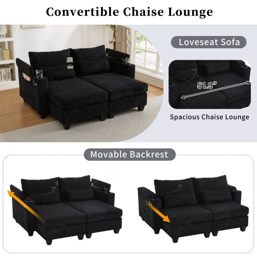 Canapé-lit convertible en velours côtelé de 63 pouces avec ports USB, deux porte-gobelets et un porte-téléphone pour le salon.