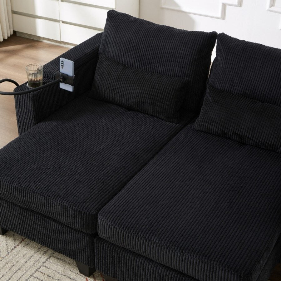 Canapé-lit convertible en velours côtelé de 63 pouces avec ports USB, deux porte-gobelets et un porte-téléphone pour le salon.