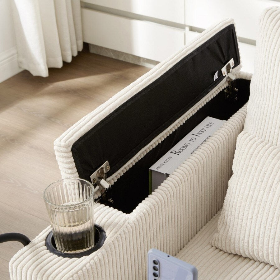 Canapé-lit convertible en velours côtelé de 63 pouces avec ports USB, deux porte-gobelets et un porte-téléphone pour le salon.