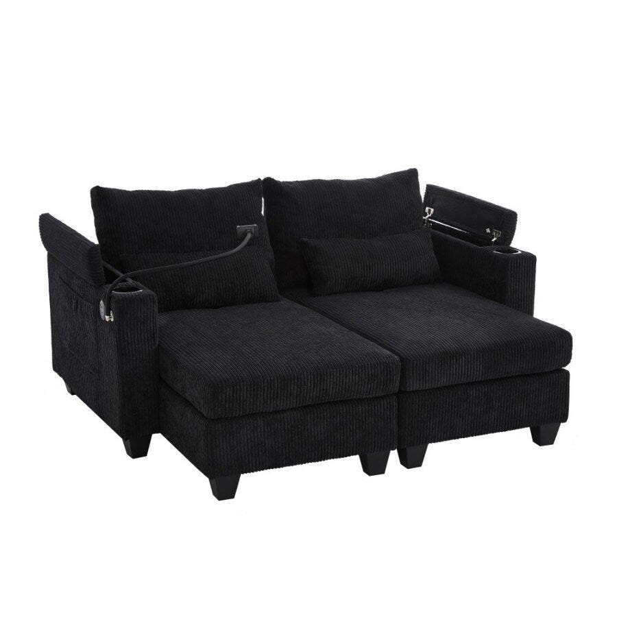 Canapé-lit convertible en velours côtelé de 63 pouces avec ports USB, deux porte-gobelets et un porte-téléphone pour le salon.