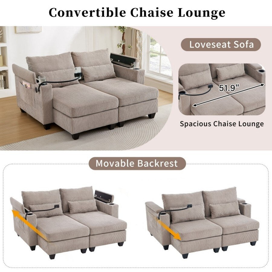 Canapé-lit convertible en velours côtelé de 63 pouces avec ports USB, deux porte-gobelets et un porte-téléphone pour le salon.