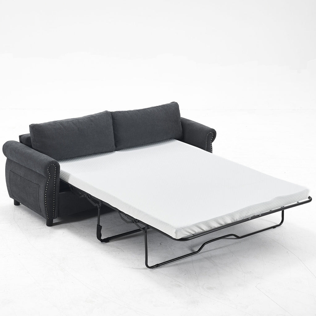 Canapé-lit 3 places en polyester 63 avec matelas escamotable et accoudoirs à rivets rétro.