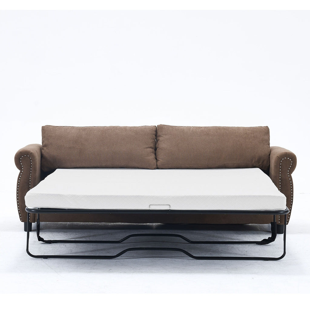 Canapé-lit 3 places en polyester 63 avec matelas escamotable et accoudoirs à rivets rétro.