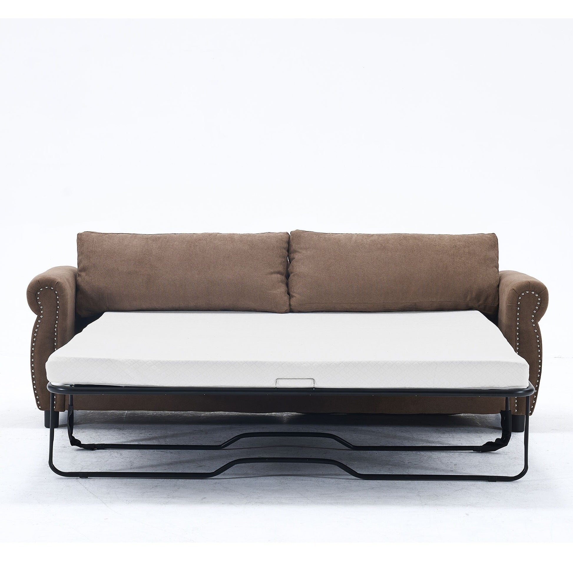 Canapé-lit 3 places en polyester 63 avec matelas escamotable et accoudoirs à rivets rétro.