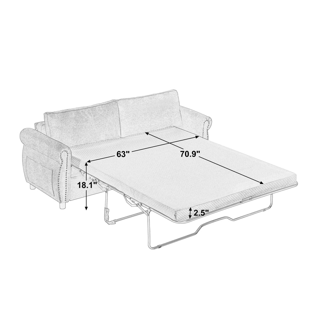 Canapé-lit 3 places en polyester 63 avec matelas escamotable et accoudoirs à rivets rétro.
