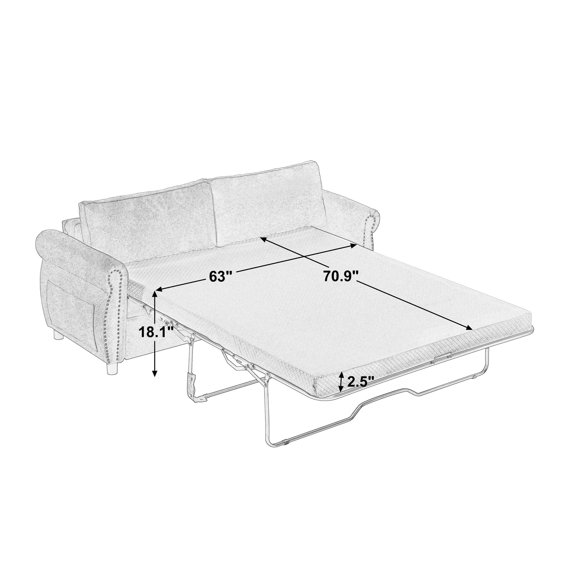 Canapé-lit 3 places en polyester 63 avec matelas escamotable et accoudoirs à rivets rétro.
