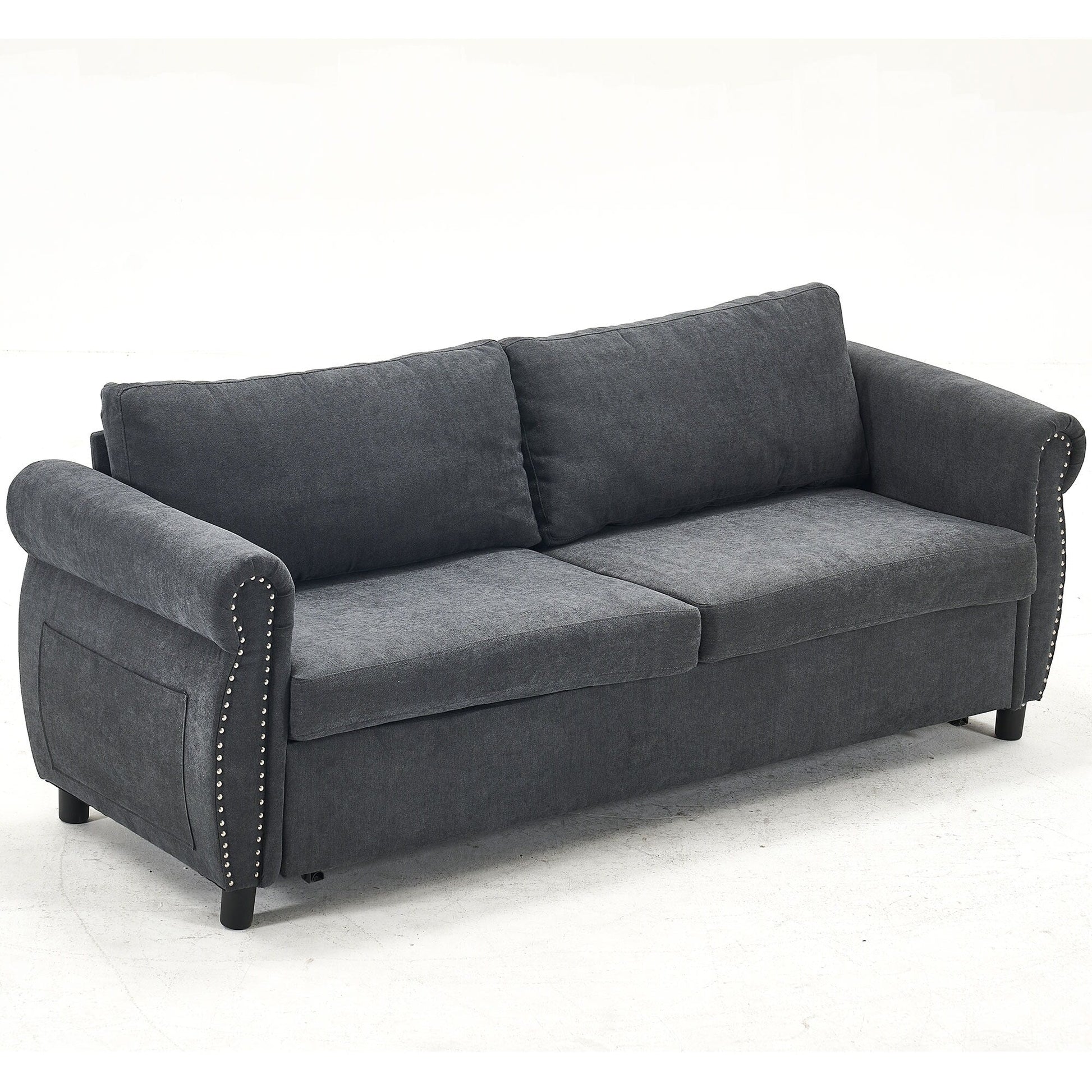 Canapé-lit 3 places en polyester 63 avec matelas escamotable et accoudoirs à rivets rétro.