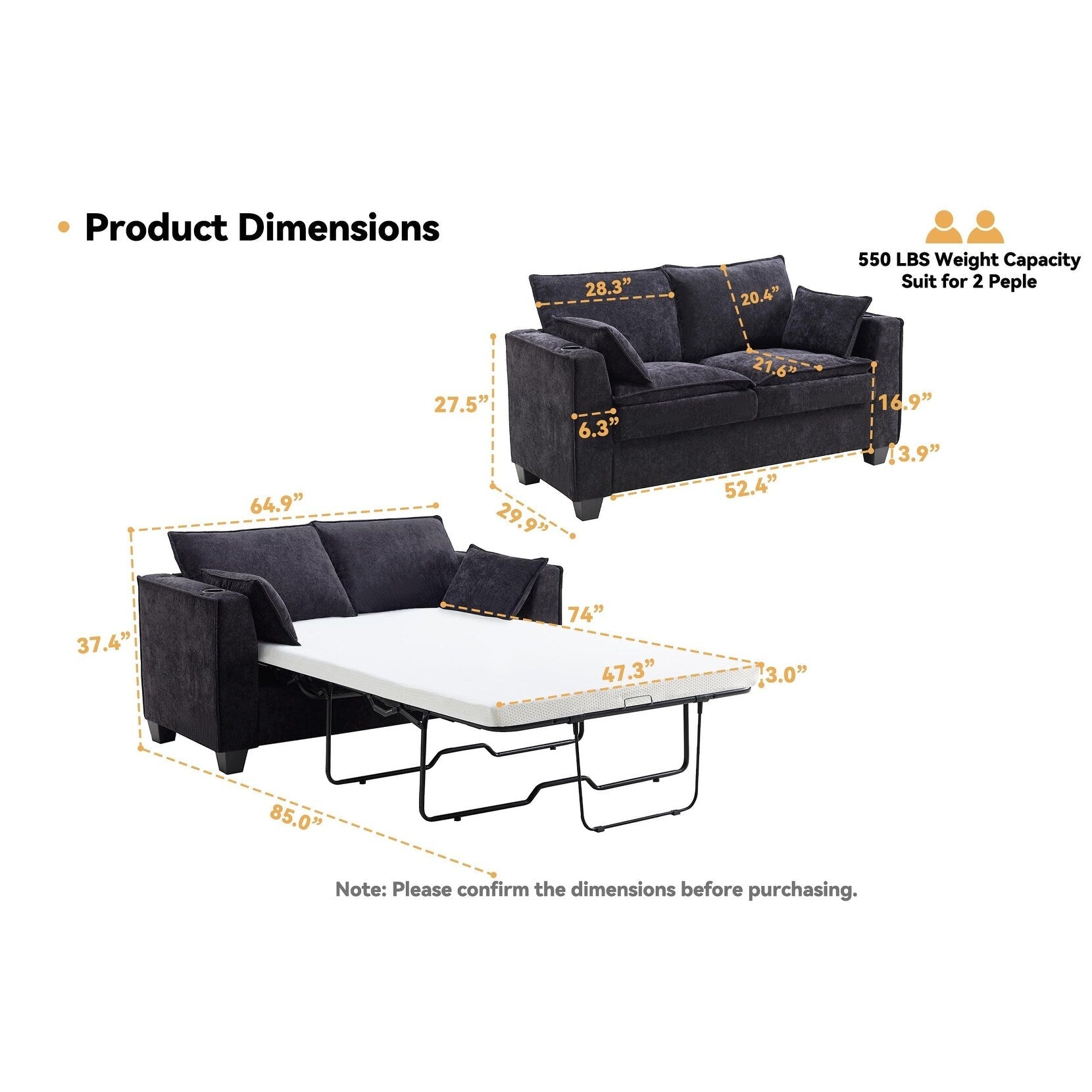 64.9 Chenille 2-Seater Sleeper Sofa with Memory Foam Topper - Solid Wood Slat Bed Frame, 2 Cup Holders