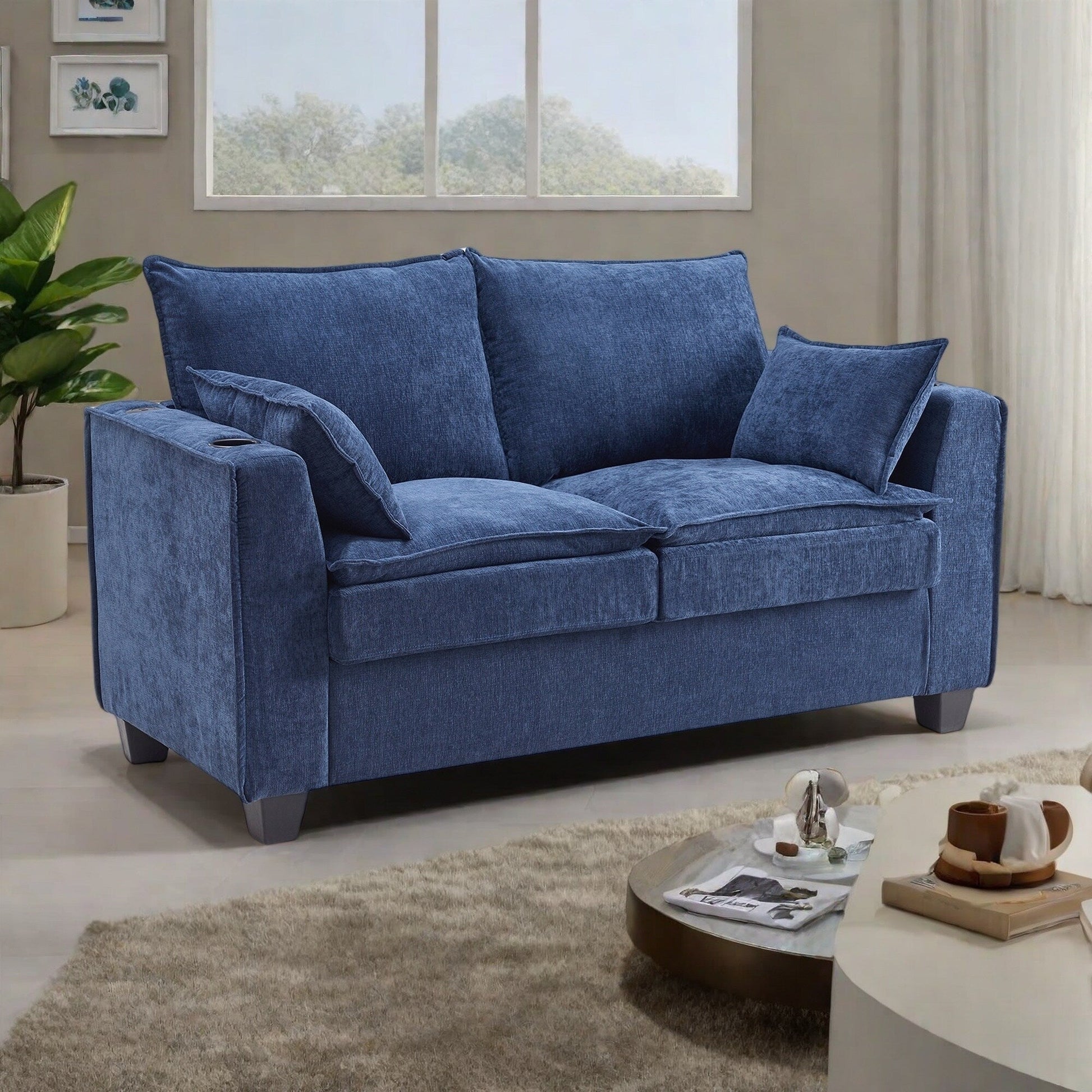 64.9 Chenille 2-Seater Sleeper Sofa with Memory Foam Topper - Solid Wood Slat Bed Frame, 2 Cup Holders
