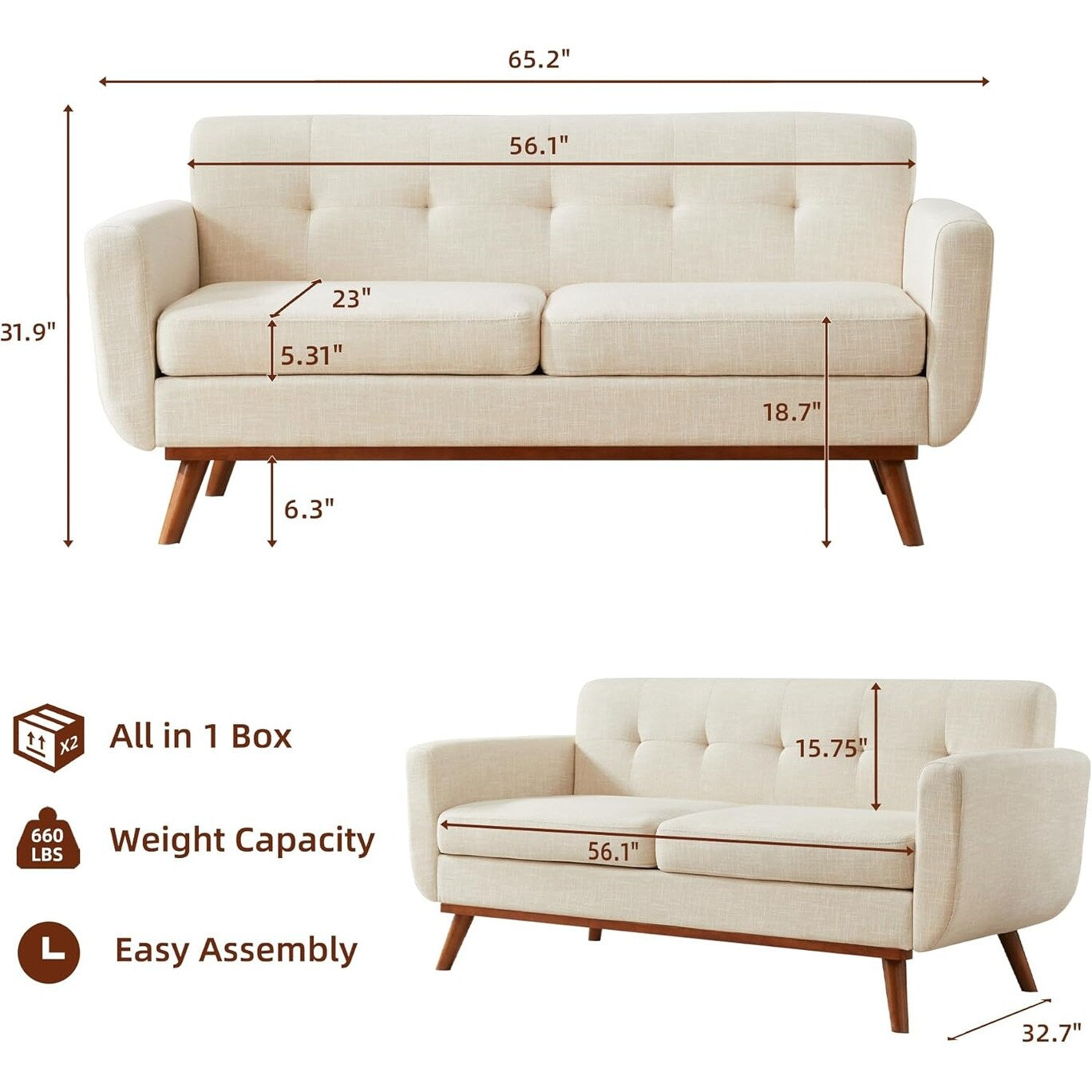 Canapé 2 places Mid Century 65.2 - Petit canapé capitonné pour salon et chambre à coucher, assemblage facile (Beige)