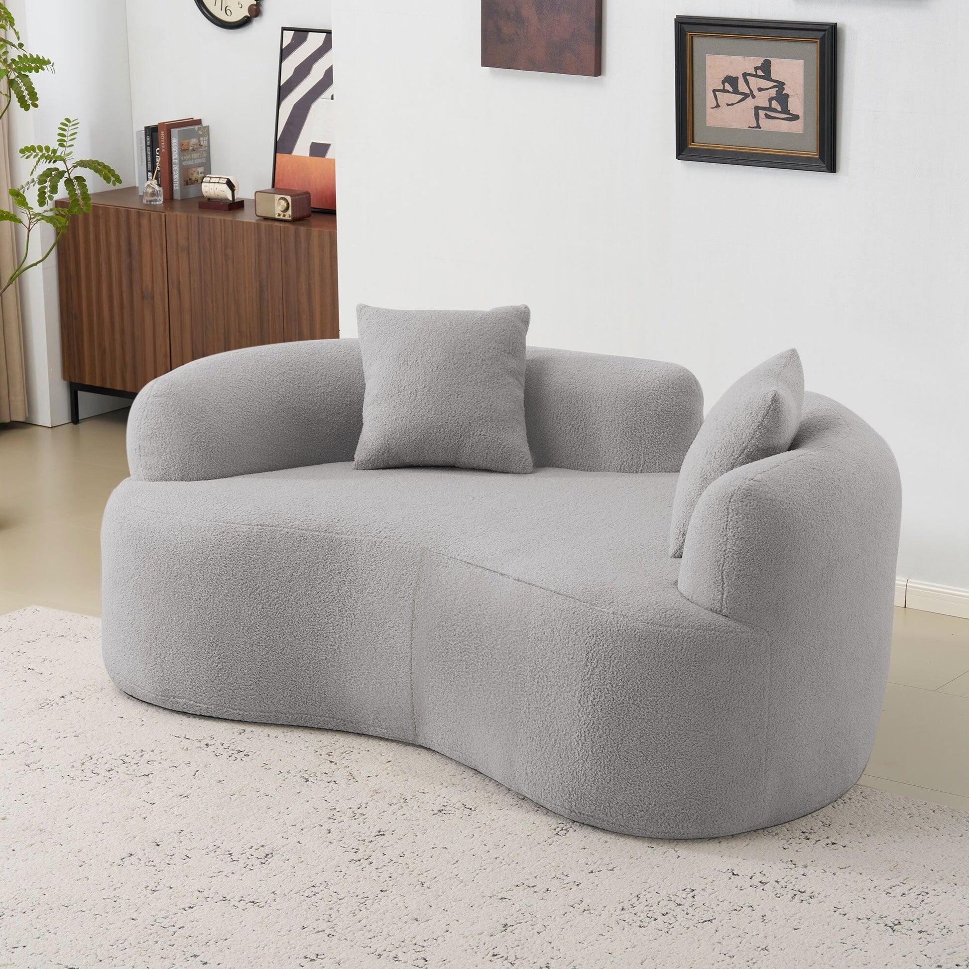 Canapé Loveseat incurvé de 66,93 pouces, gris, en mousse à compression complète, tissu velours Teddy, canapé compact prêt à poser.