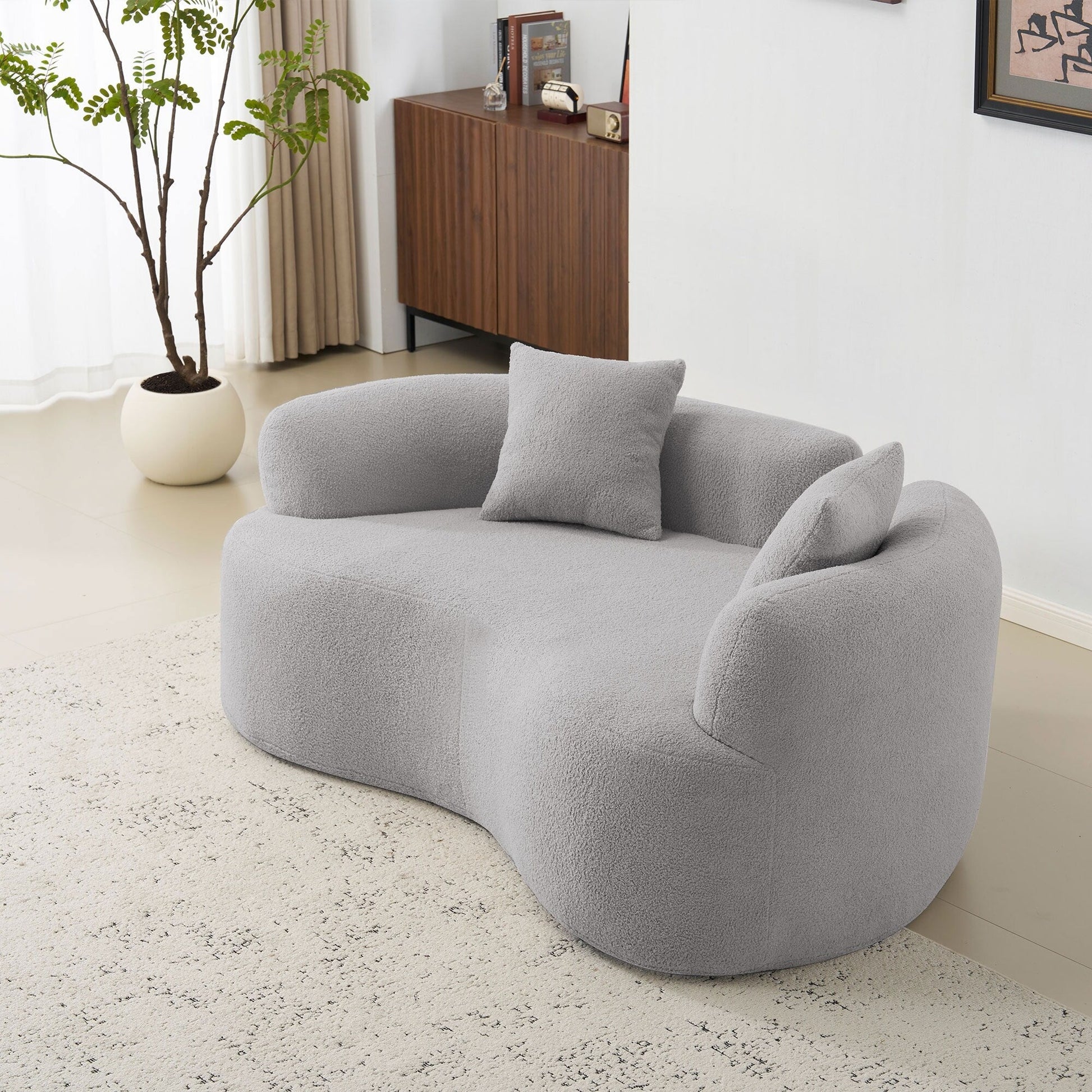 Canapé Loveseat incurvé de 66,93 pouces, gris, en mousse à compression complète, tissu velours Teddy, canapé compact prêt à poser.