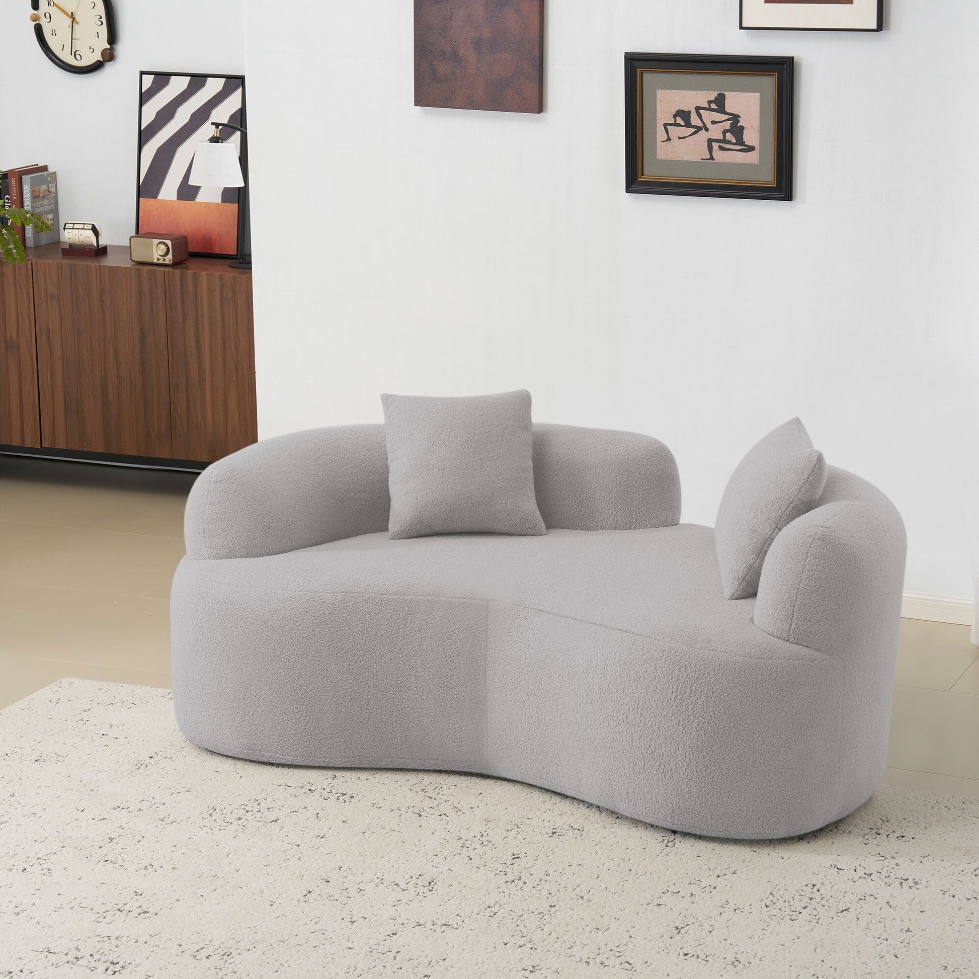 Canapé Loveseat incurvé de 66,93 pouces, gris, en mousse à compression complète, tissu velours Teddy, canapé compact prêt à poser.