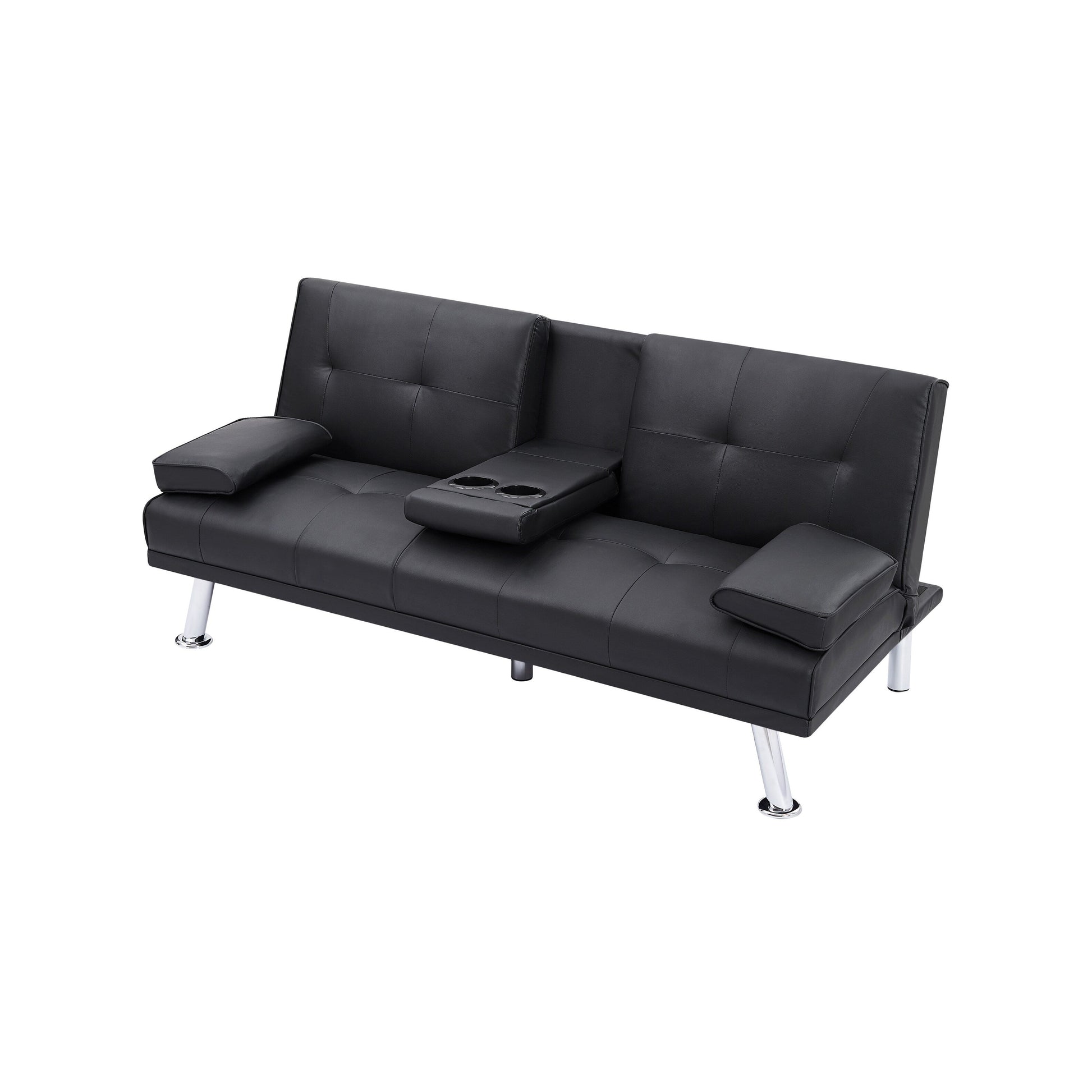 Canapé-lit convertible 2 places pliable avec pieds en métal argenté et porte-gobelets pour salon