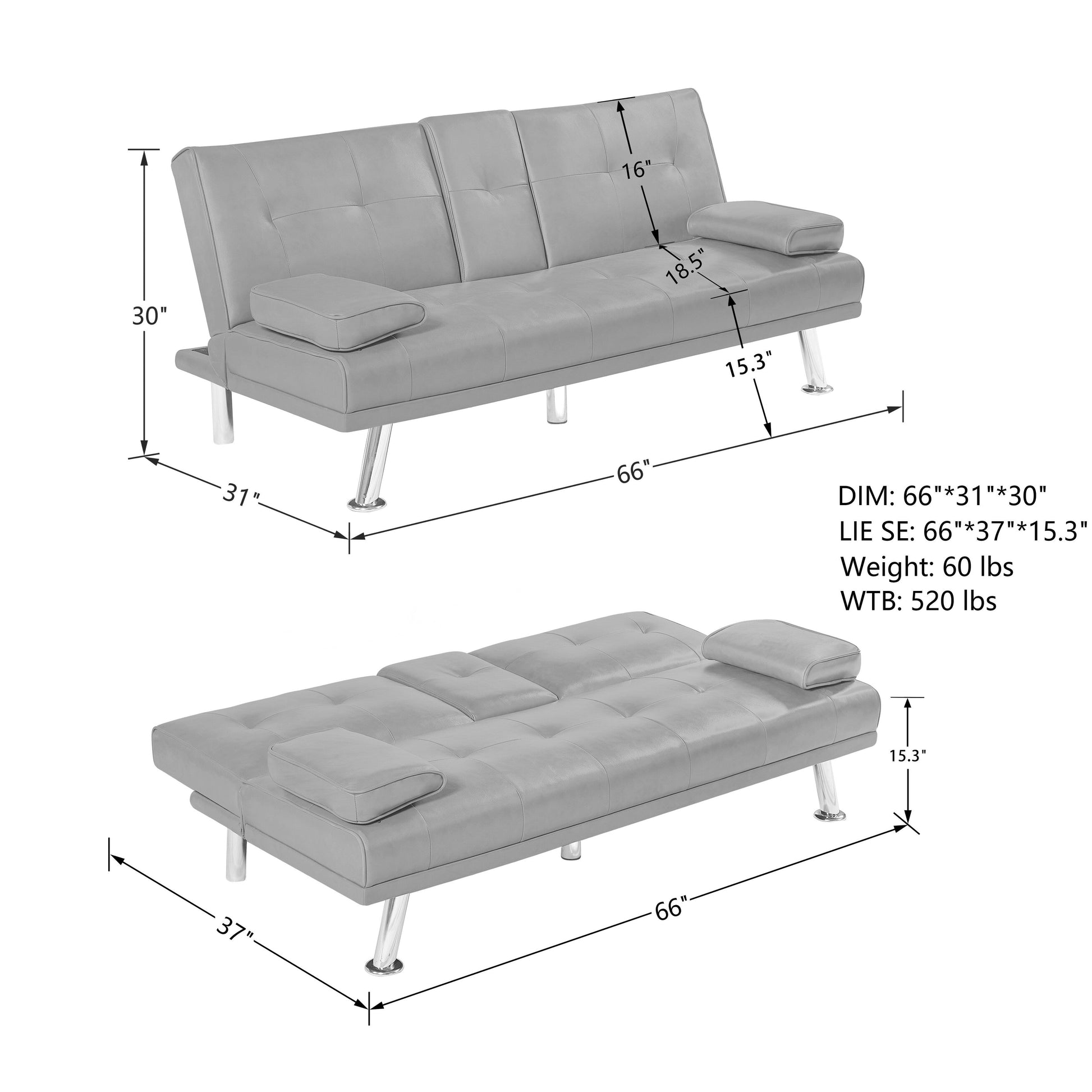 Canapé-lit convertible 2 places pliable avec pieds en métal argenté et porte-gobelets pour salon
