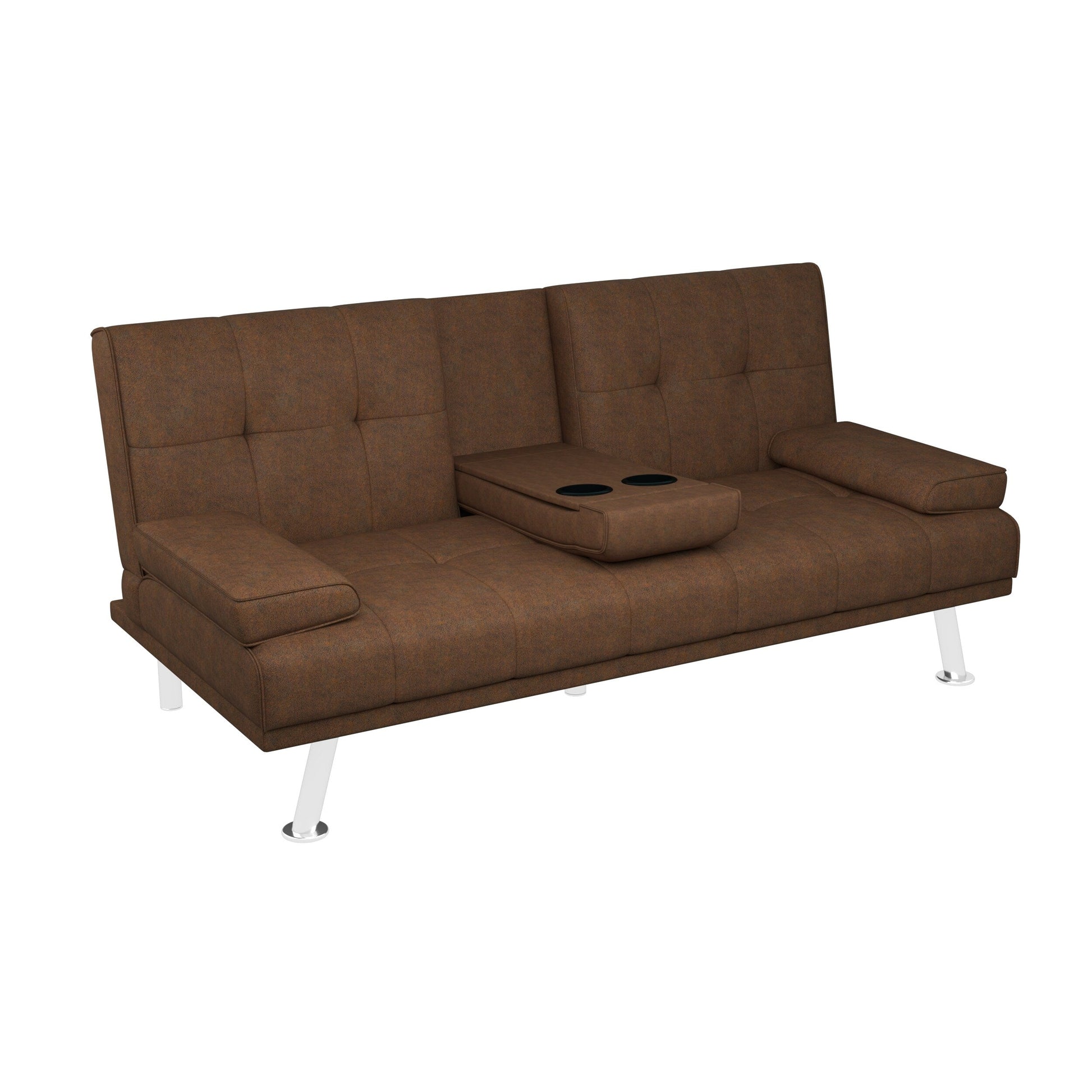 Canapé-lit convertible 2 places pliable avec pieds en métal argenté et porte-gobelets pour salon