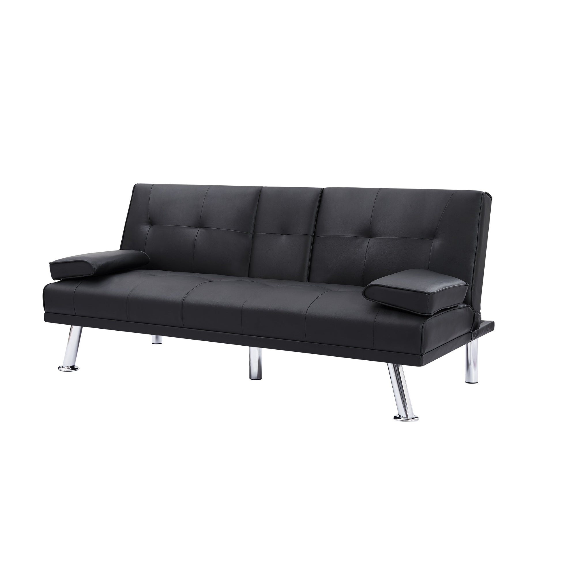 Canapé-lit convertible 2 places pliable avec pieds en métal argenté et porte-gobelets pour salon