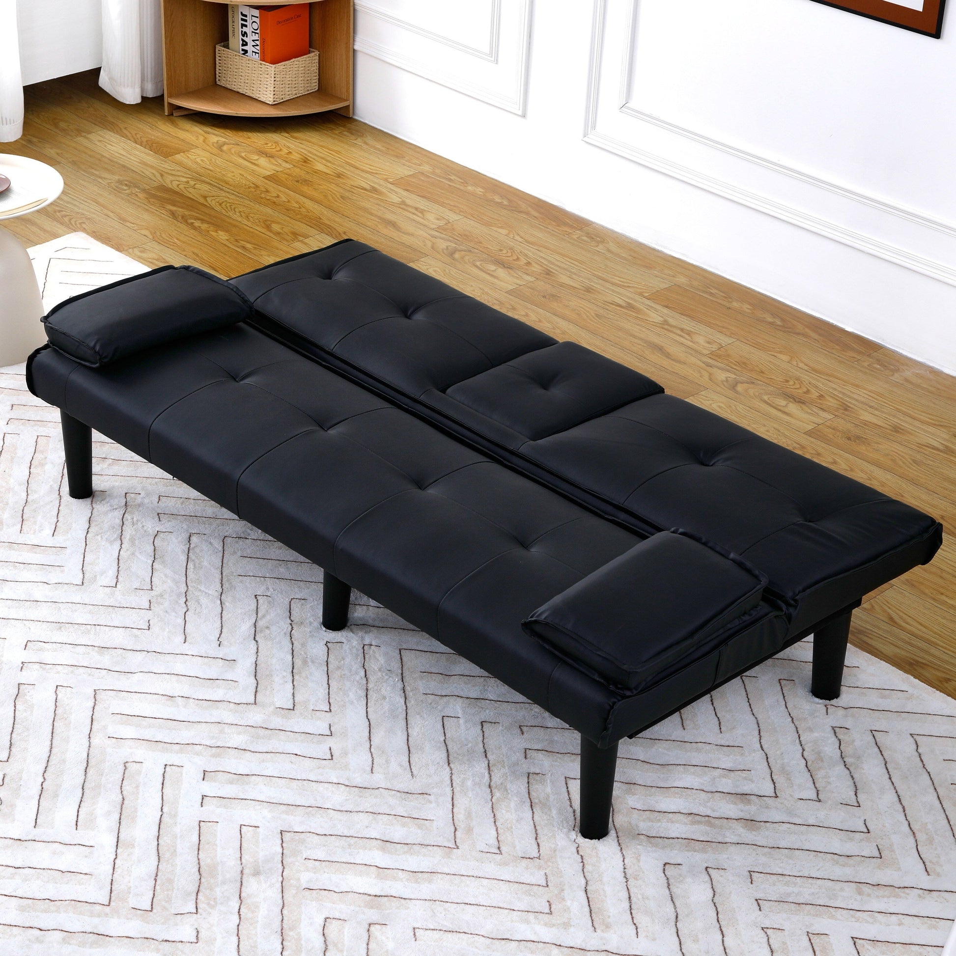 Canapé-lit pliable noir en PVC de 67 pouces avec porte-gobelets pour salon, chambre d'amis, dortoir, bureau