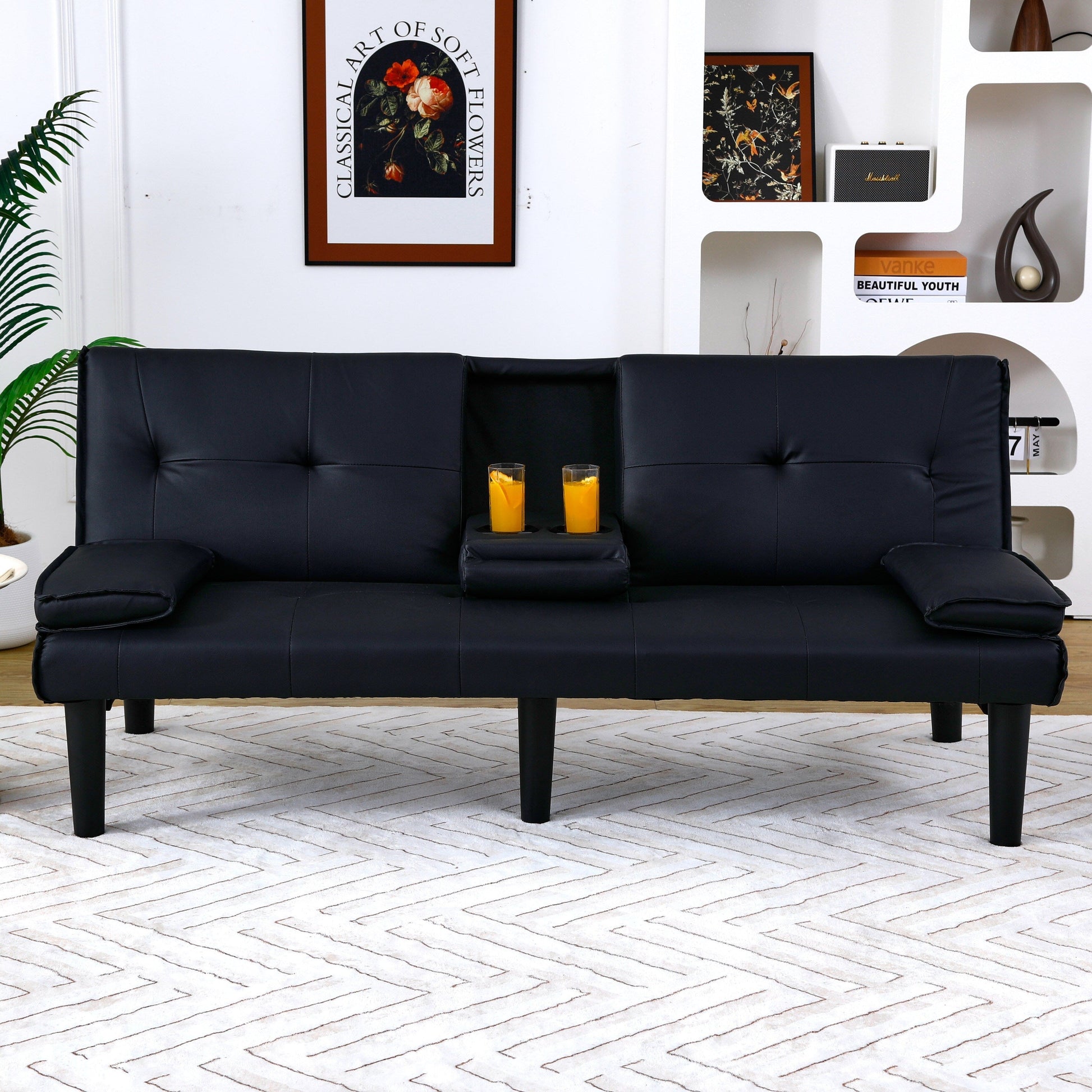 Canapé-lit pliable noir en PVC de 67 pouces avec porte-gobelets pour salon, chambre d'amis, dortoir, bureau