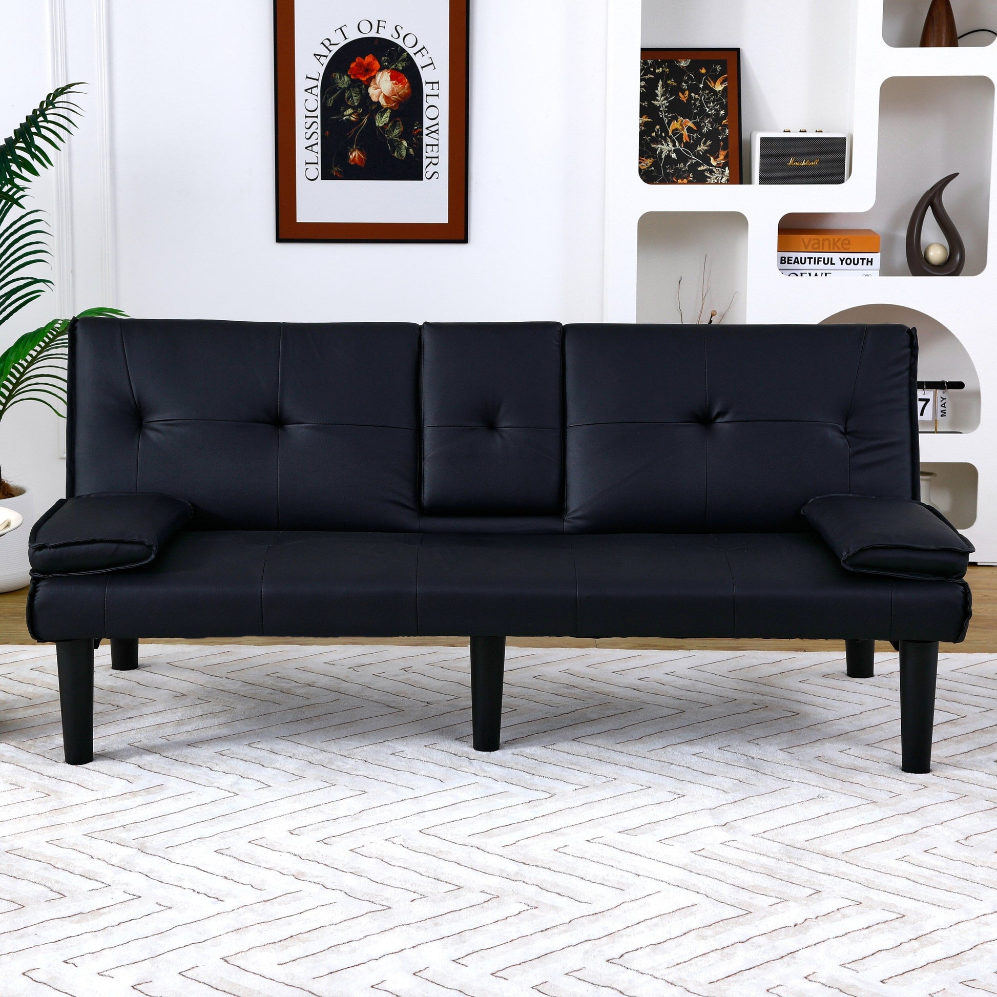 Canapé-lit pliable noir en PVC de 67 pouces avec porte-gobelets pour salon, chambre d'amis, dortoir, bureau